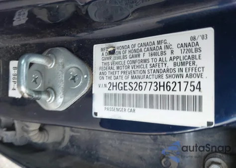 2003 Honda Civic Ex из США, поврежденный, VIN 2HGES26773H621754